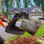 Mini excavator removing a large tree stump and root ball from a residential yard during a professional tree removal in Oak Park, IL