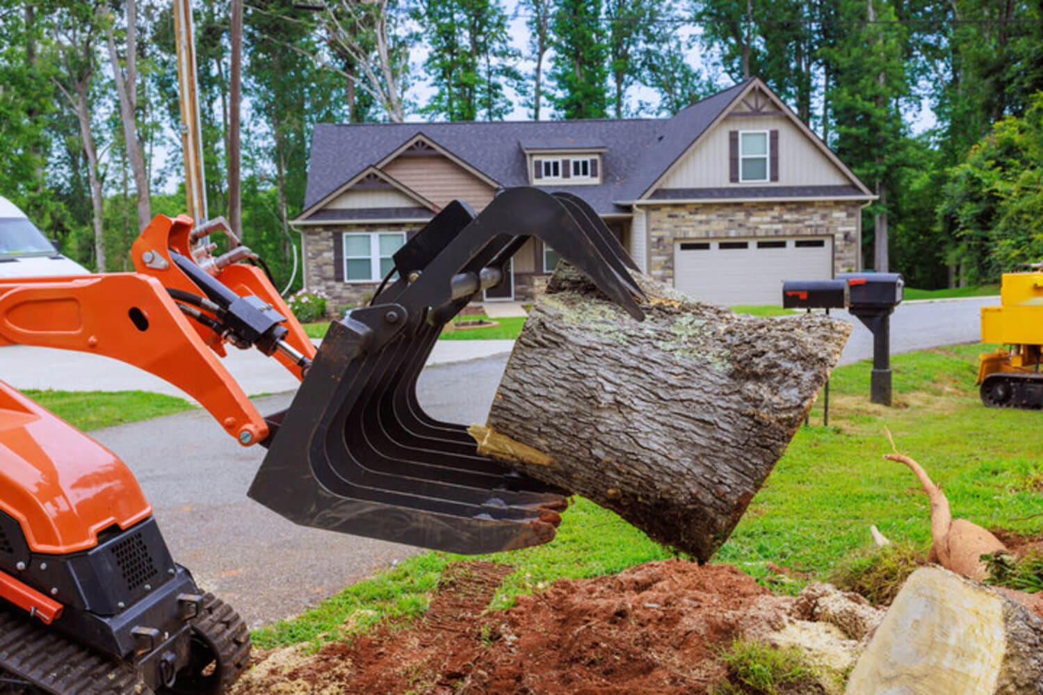 Mini excavator removing a large tree stump and root ball from a residential yard during a professional tree removal in Oak Park, IL