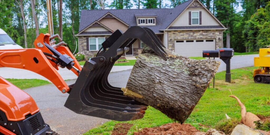 Mini excavator removing a large tree stump and root ball from a residential yard during a professional tree removal in Oak Park, IL